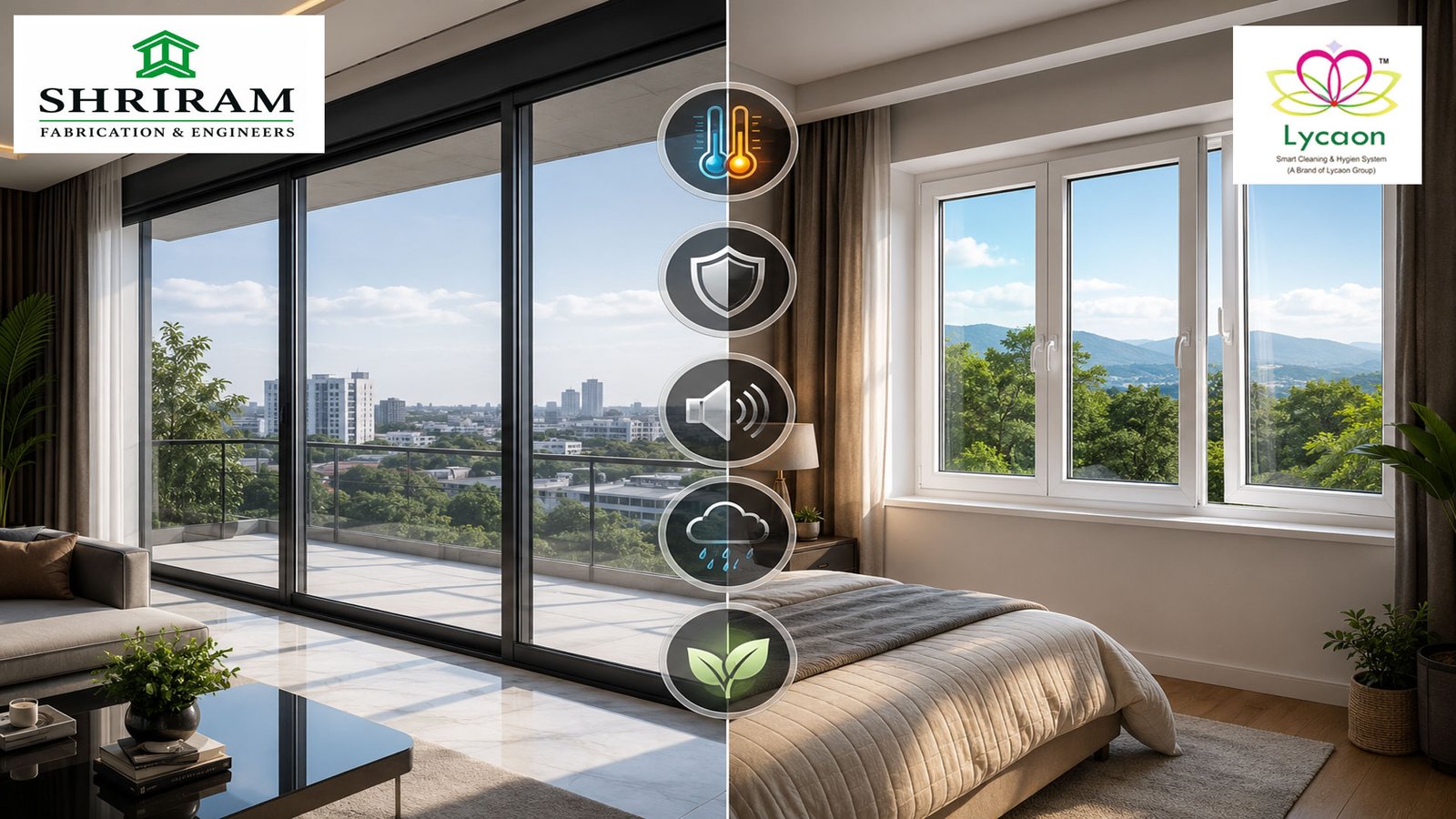 Side-by-side comparison of modern aluminium windows and UPVC windows installed in contemporary Indian homes showing design, durability, and energy-efficient features.