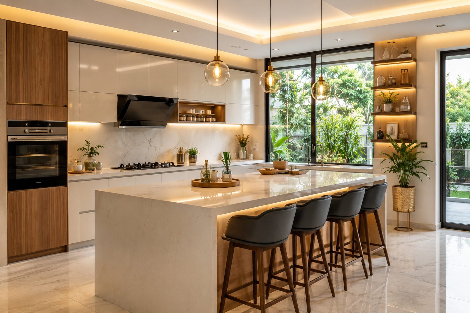 Luxury modular kitchen with customized cabinets, quartz countertop, soft-close drawers, LED lighting, and modern storage solutions designed for a premium home in Delhi NCR.