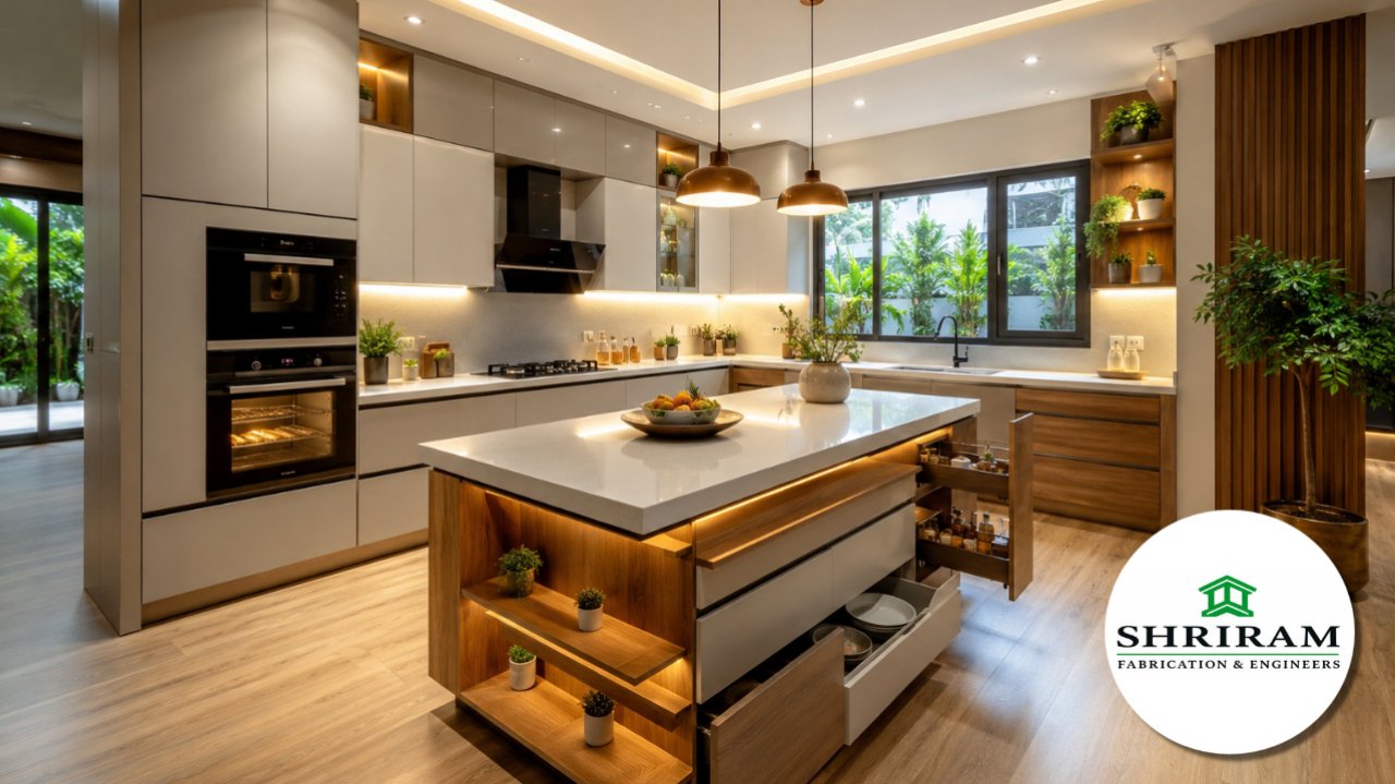 Modern modular kitchen in India featuring customized cabinets, granite countertop, soft-close drawers, chimney, and premium storage solutions.