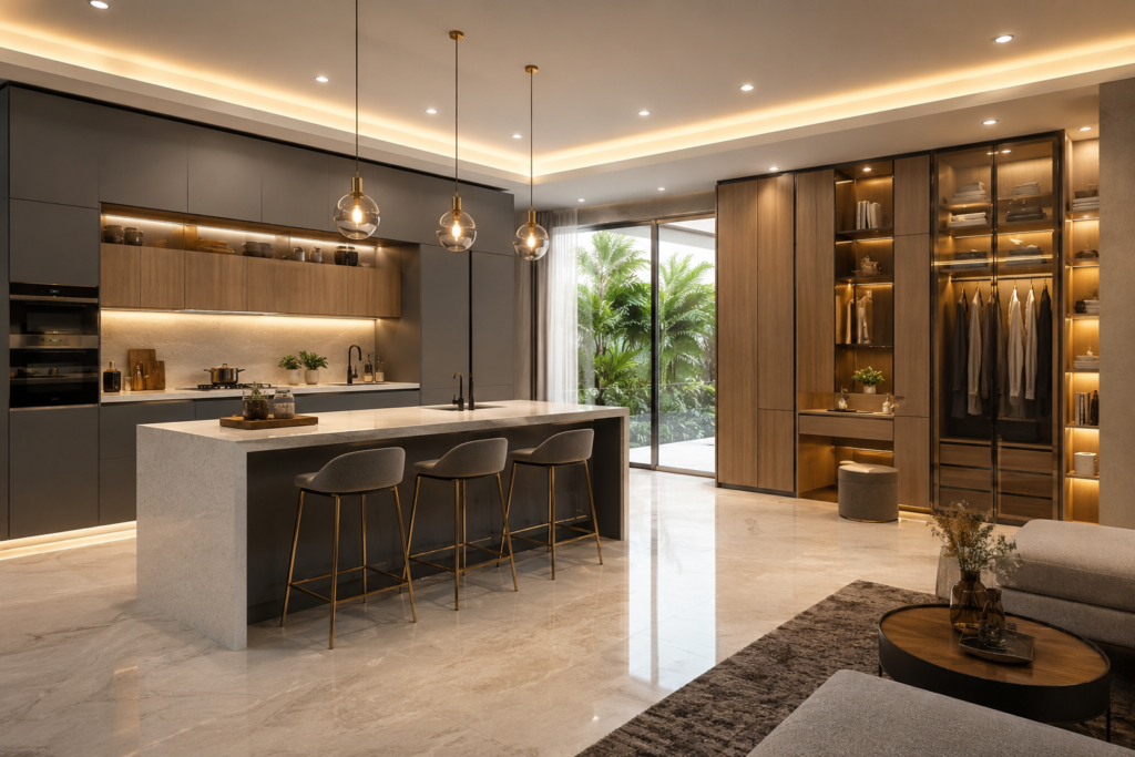 Luxury modular kitchen with premium cabinets, quartz countertop, and customized wardrobes designed by Shriram Fabrication & Engineers.