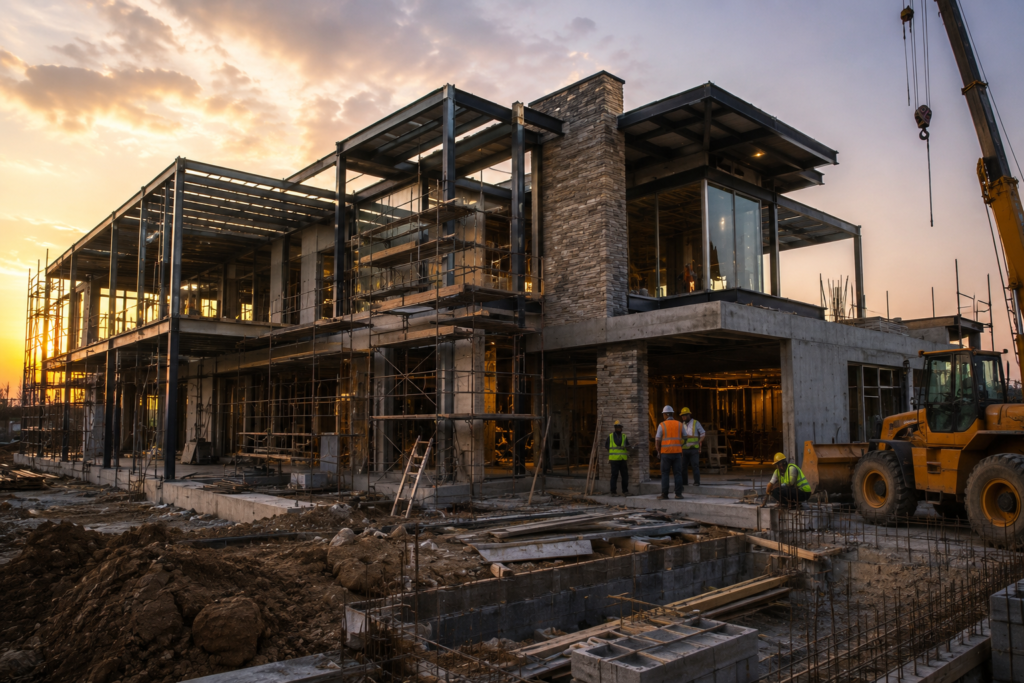 Luxury residential building under construction with modern engineering, structural steel, and premium construction services by Shriram Fabrication & Engineers.