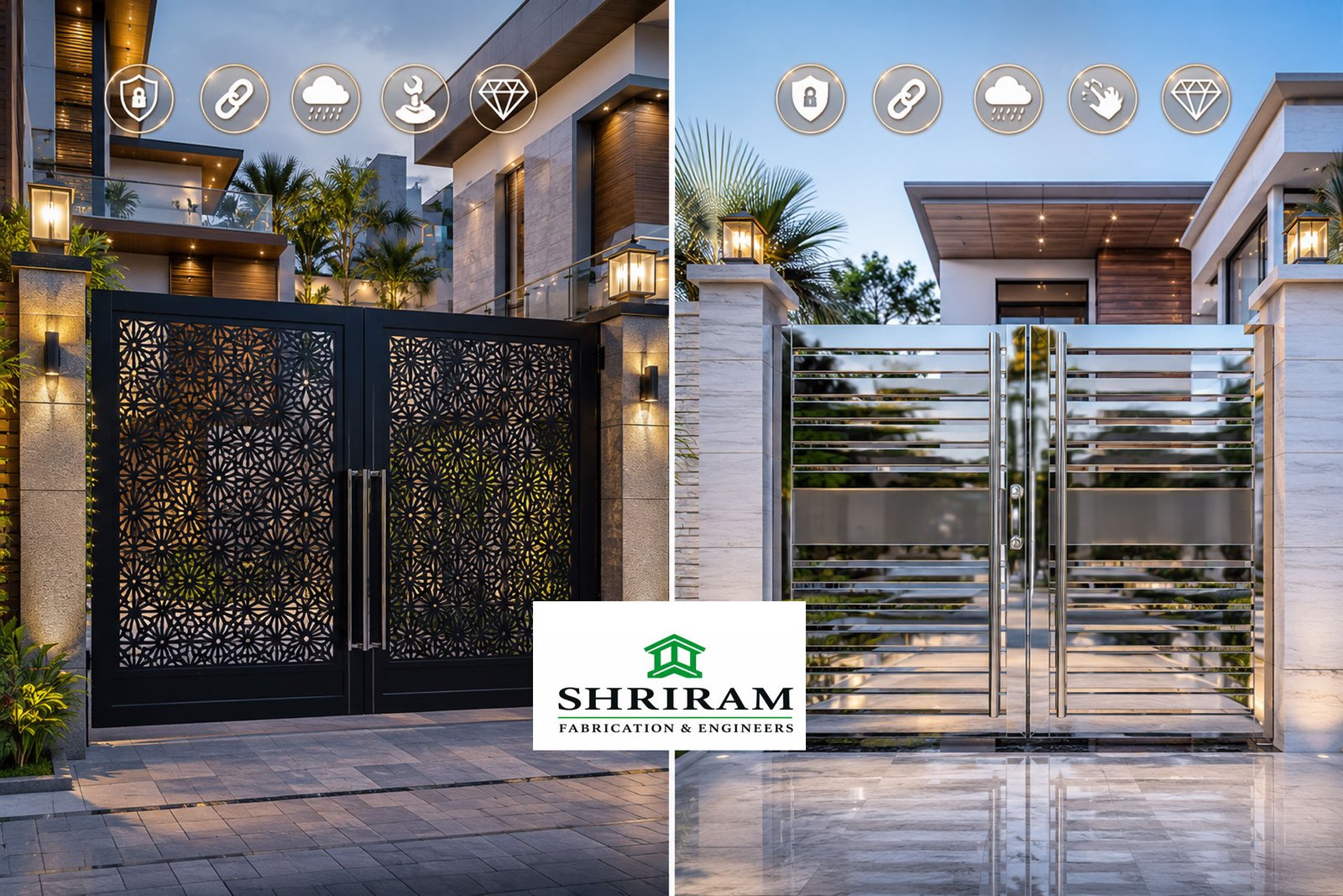 Comparison of modern Mild Steel (MS) gate and Stainless Steel (SS) gate installed at luxury residential homes, showcasing design, durability, and security features.