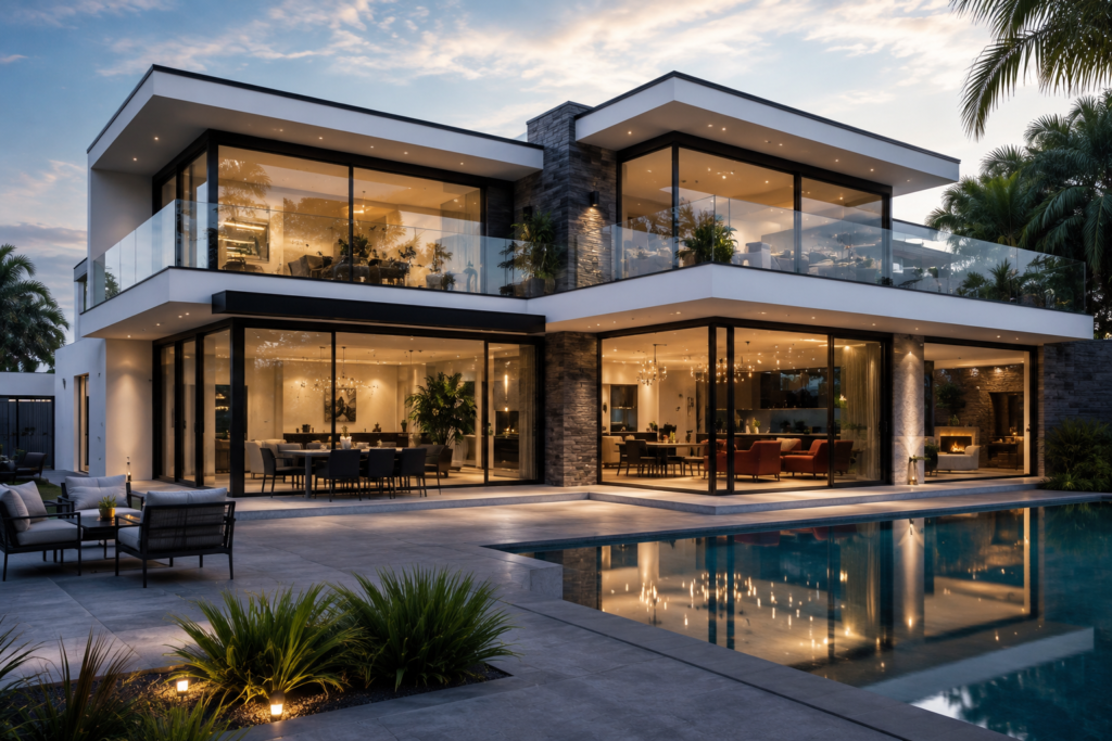 Modern aluminium sliding doors, windows, glass façade, and glass railings installed in a luxury contemporary building by Shriram Fabrication & Engineers.