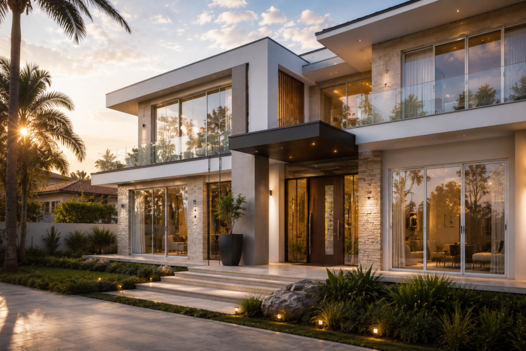 Premium white UPVC sliding doors and casement windows installed in a luxury modern villa by Shriram Fabrication & Engineers.