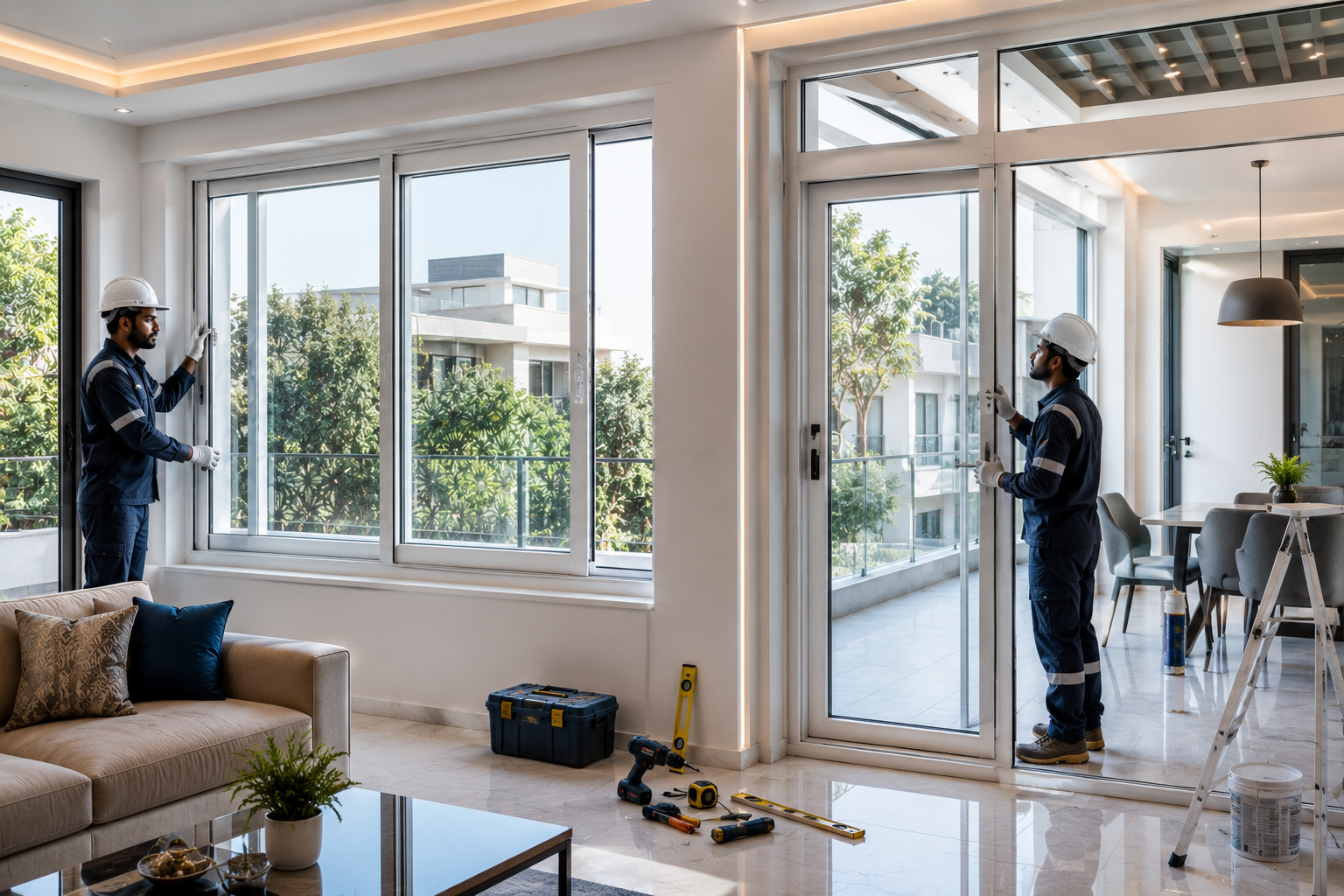 Professional UPVC door and window installation in a modern Indian home in Delhi NCR