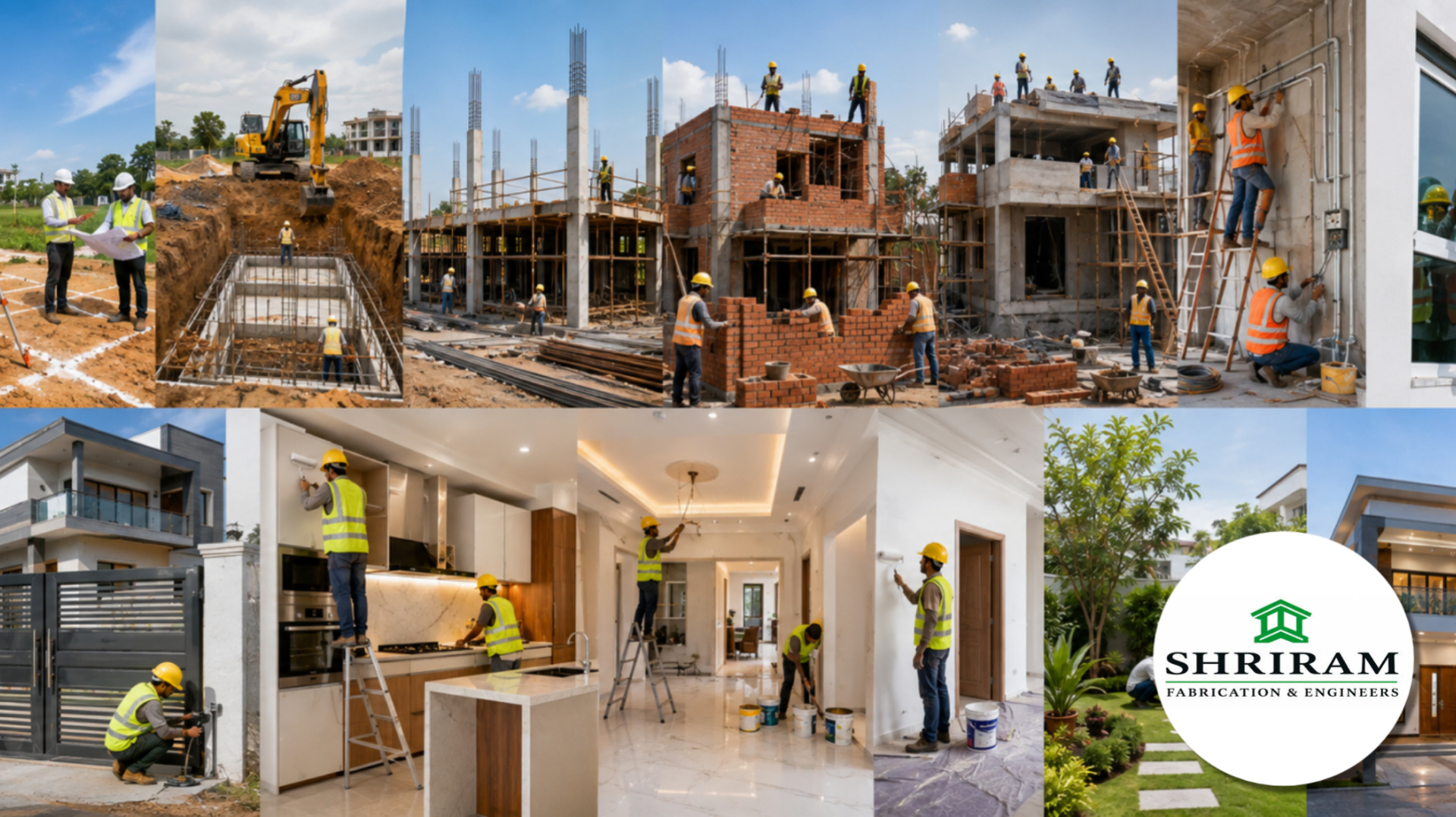 Modern house under construction showing foundation, structural framework, brickwork, scaffolding, workers, and finishing stages representing the complete house construction process.