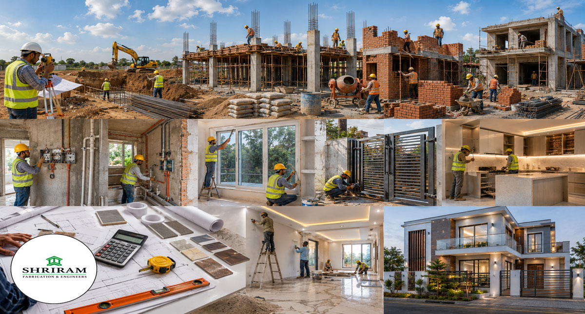 Modern Indian house construction project showing structural work, materials, workers and completed residential exterior