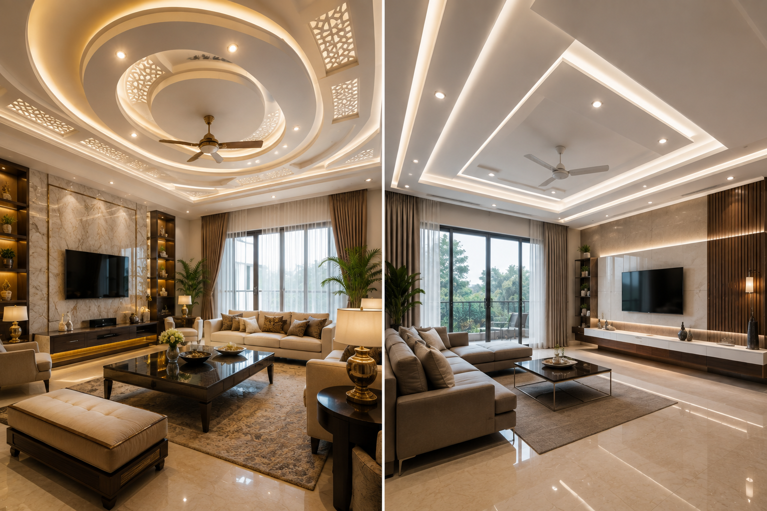 Modern Indian interior comparing decorative POP false ceiling and contemporary gypsum false ceiling designs