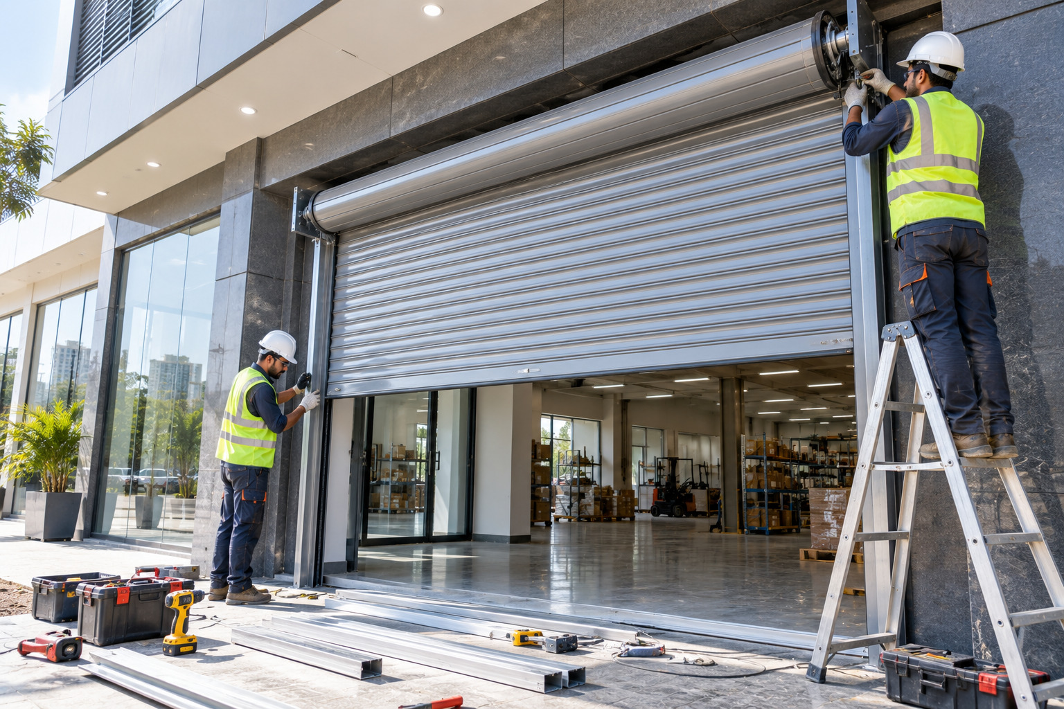 Professional rolling shutter installation at a modern commercial property in Delhi NCR