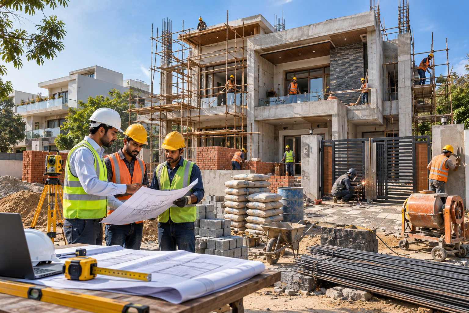 Professional house construction contractor supervising modern residential construction project in Delhi NCR