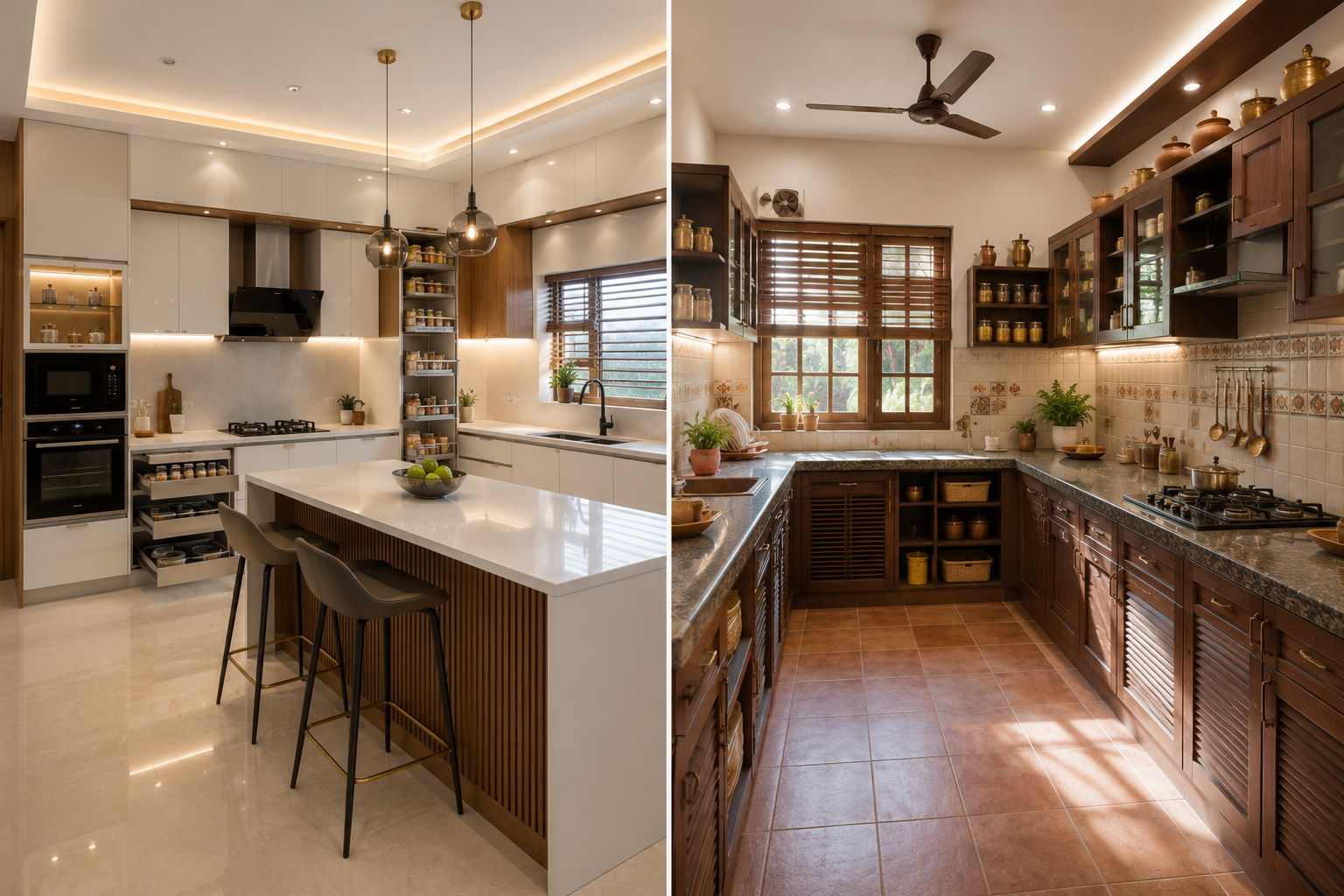 Modern modular kitchen compared with traditional Indian kitchen showing differences in storage, design and functionality
