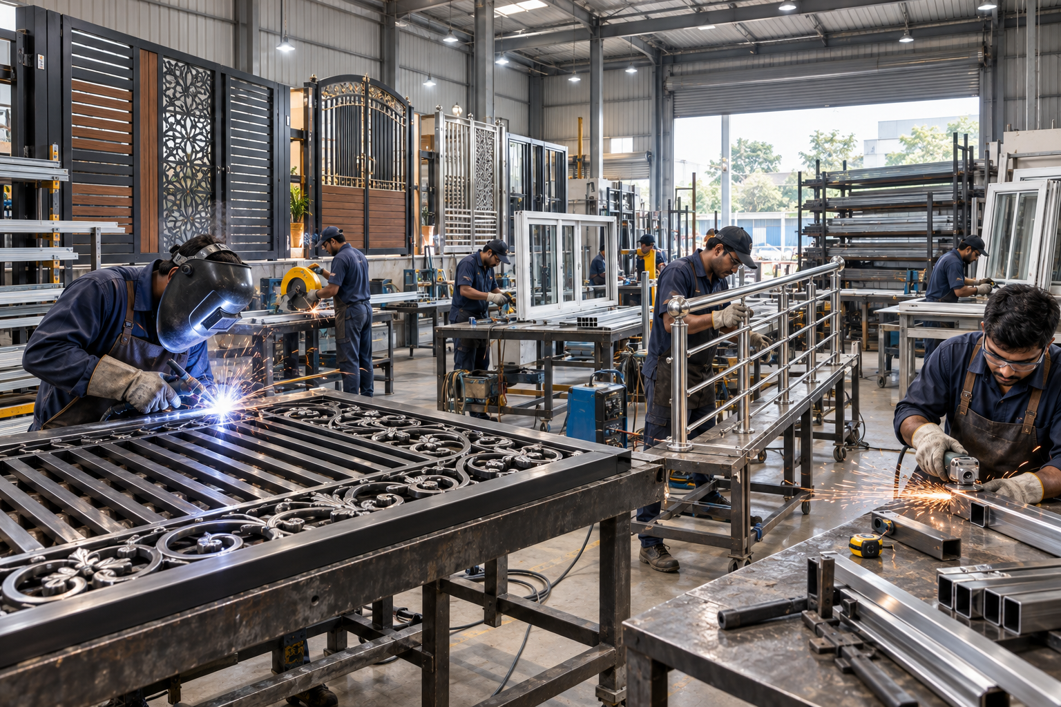 Professional metal fabrication workers creating customized MS and SS gates and structural components