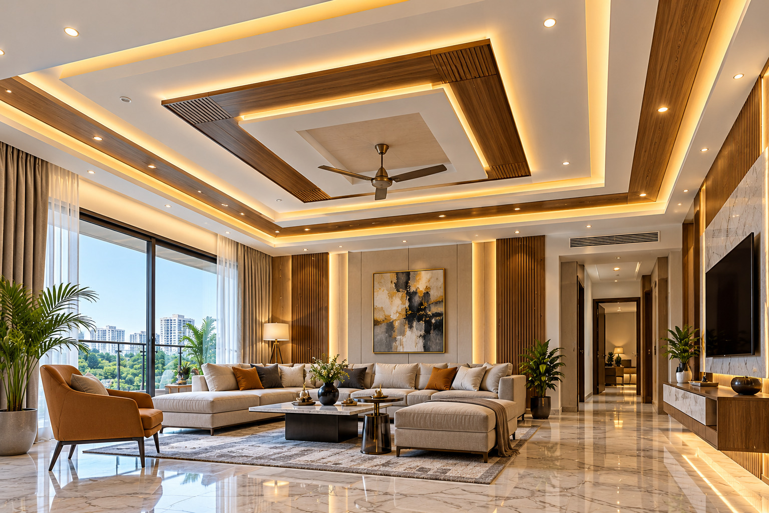Modern living room featuring a gypsum false ceiling with warm cove lighting and recessed LED spotlights