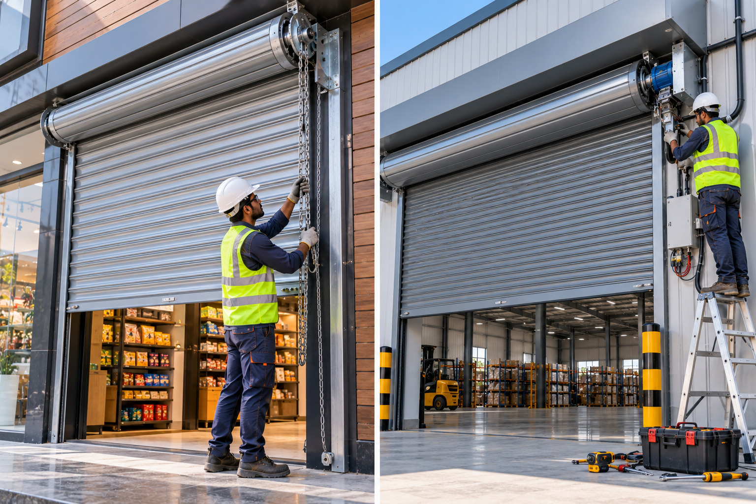 Comparison of manual and automatic rolling shutters installed at modern commercial properties