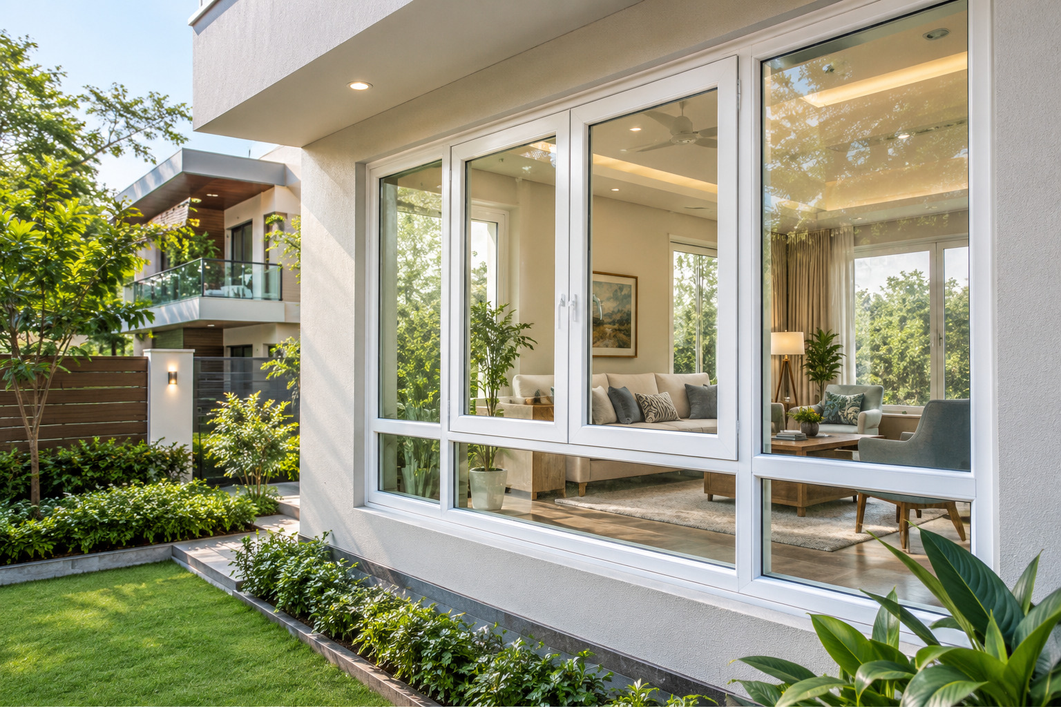 Modern Indian home featuring white UPVC windows with natural daylight